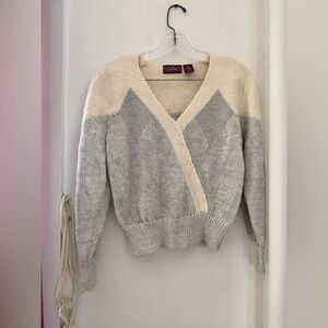 Vintage 1980’s Gray and Cream V-Neck New Wave Sweater By Ginenne, Taiwan PRC
